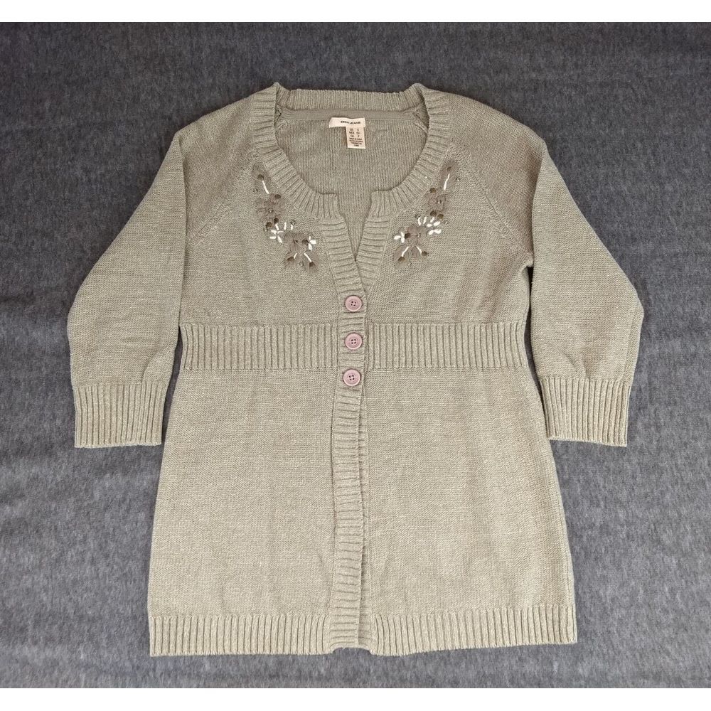 DKNY Jeans Cardigan 3-Button Knit Sweater Tan‎ Gray Floral Crochet Ribbed Size S